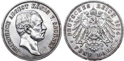 Лот №92,  Германская империя. Королевство Саксония. Фридрих Август III. 5 марок 1914 года..