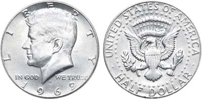 Лот №64,  США. 1/2 доллара (50 центов) 1969 года.