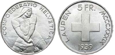 Лот №69,  Швейцария. 5 франков 1939 года. 600 лет битве при Лаупене.