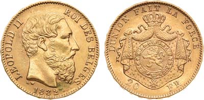 Лот №14,  Бельгия. Королевство. Король Леопольд II.  20 франков 1882 года.