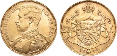 Лот №15,  Бельгия. Королевство. Король Альберт. 20 франков 1914 года.