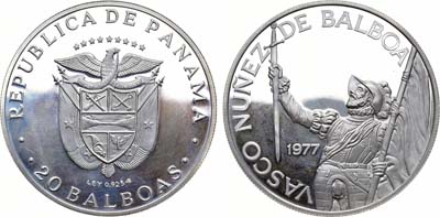 Лот №196,  Республика Панама. 20 бальбоа 1977 года. Васко Нуньес де Бальбоа.