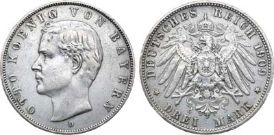 Лот №57,  Германская империя. Королевство Бавария. Король Отто. 3 марки 1909 года.