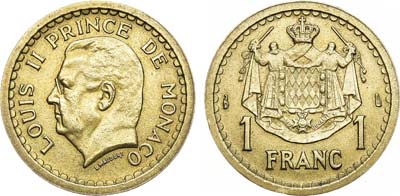 Лот №175,  Монако. Княжество. Князь Луи II. 1 франк 1945 года.