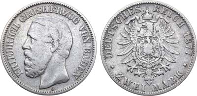 Лот №83,  Германская империя. Герцогство Баден. Герцог Фридрих I. 2 марки 1877 года.