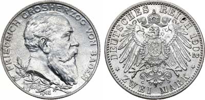 Лот №86,  Германская империя. Герцогство Баден. 2 марки 1909 года. 50 лет правлению Фридриха I.