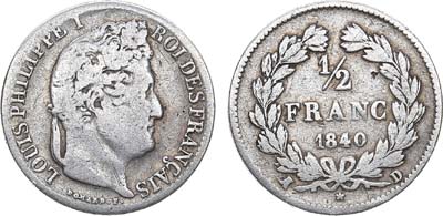 Лот №152,  Франция. Королевство. Король Луи Филипп I. 1/2 франка 1840 года.