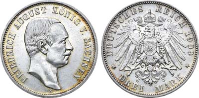 Лот №40,  Германская империя. Королевство Саксония. Король Фридрих Август. 3 марки 1909 года.