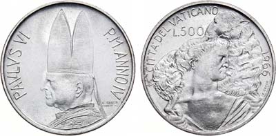 Лот №40,  Ватикан. Папа Павел VI. 500 лир 1966 года.