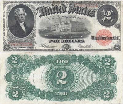 Лот №432,  США. Казначейство Соединённых штатов. 2 доллара 1917 года. Красная печать. Президент Томас Джефферсон, здание Капитолия.