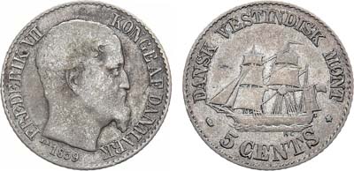 Лот №43,  Датская Вест-Индия. Датская колония. Король Фредерик VII Датский. 5 центов 1859 года. Парусник.