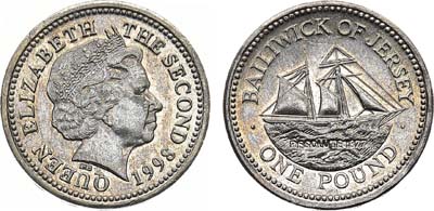 Лот №45,  Джерси. Британская территория. Королева Елизавета II. 1 фунт 1998 года. Шхуна 