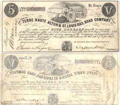 Лот №724,  США. Terre Haute Alton & St. Louis Rail Road Company (Сент Луис). 5 долларов 1859 года.