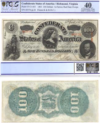 Лот №734,  Конфедеративные Штаты Америки. Ричмонд, Вирджиния. 100 долларов 1863 года. В слабе PCGS 40 Extremely Fine.