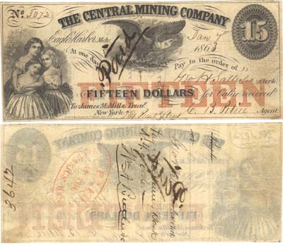 Лот №735,  США. Центральная горнодобывающая компания. Игл Харбор, Мичиган. 15 долларов 1863 года.