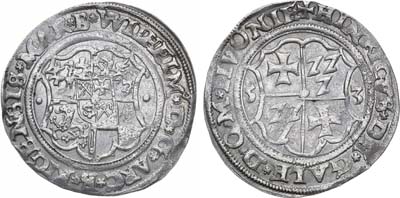 Лот №150,  Ливонский орден. Ландмейстер Тевтонского ордена в Ливонии Генрих фон Гален и архиепископ Рижский Вильгельм фон Бранденбург. 1/2 марки 1553 года.