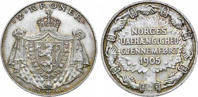 Лот №165,  Королевство Норвегия. Король Хокон VII. 2 кроны 1906 года. Отчеканена в память первой годовщины независимости от Швеции.