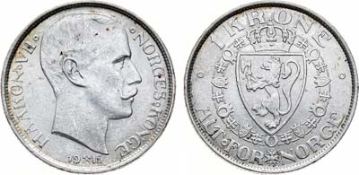Лот №166,  Королевство Норвегия. Король Хокон VII. 1 крона 1913 года.