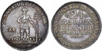 Лот №195,  Священная Римская Империя. Княжество Брауншвейг-Вольфенбюттель. Герцог Карл I. 24 мариенгроша (2/3 талера) 1766 года. (I•A•P•).
