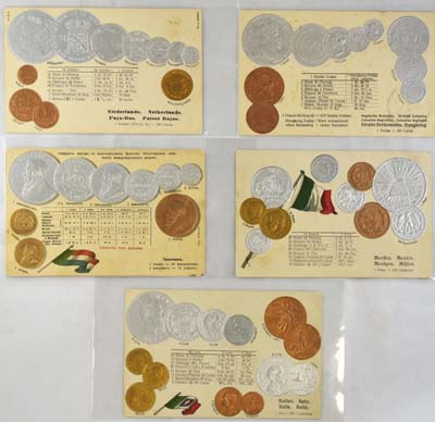 Лот №1997,  Лот из 5 почтовых карточек с изображением монет разных стран.