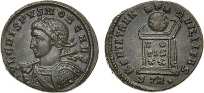 Лот №48,  Римская Империя. Император Крисп. Фоллис 321 года.