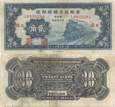 Лот №309,  Китай. Bank of local Railway Shansi & Suiyan. Taiyuan. 20 центов 1934 года.
