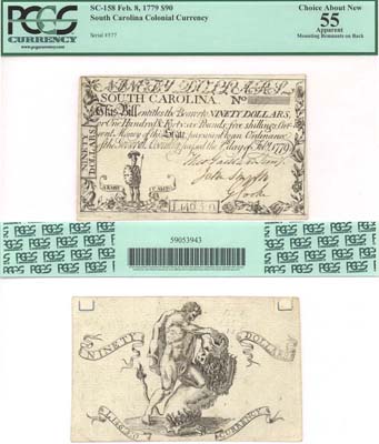 Лот №314,  США. Южная Каролина. Колониальная валюта 90 долларов 1779 года. В слабе PCGS 55 Choice about New.