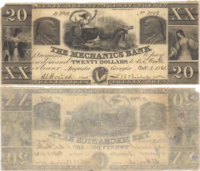 Лот №317,  США. Августа штат Джорджия. Механикус банк 20 долларов 1861 года.