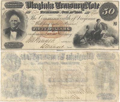 Лот №319,  США. Банкнота казначейства Вирджинии 50 долларов 1862 года.