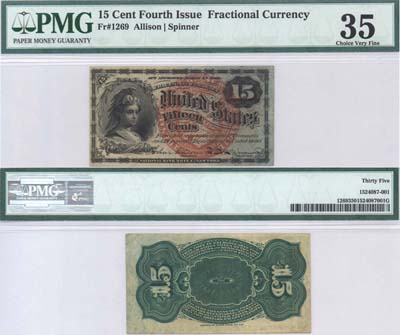 Лот №321,  США. 4-й выпуск вместо разменной монеты. 15 центов 1863 года. С большой красной печатью. В слабе PMG 35 Choice Very Fine.