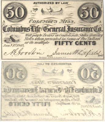 Лот №326,  Конфедеративные Штаты Америки. Коламбус, штат Миссури. Коламбус Лайф энд Дженерал Ишуранс Ко. 50 центов 1864 года.