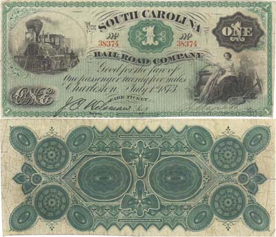 Лот №328,  США. Южная Каролина. Железнодорожная компания. 1 доллар 1873 года.