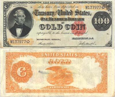 Лот №329,  США. Казначейство Соединенных Штатов. Золотой сертификат. 100 долларов в золотых монетах. Выпуск 1882 года.