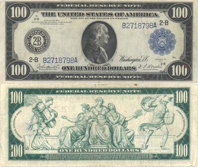 Лот №332,  США. Банкноты Федерального резерва. 100 долларов 1914 года.