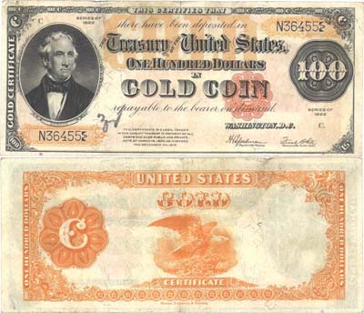 Лот №334,  США. Казначейство Соединенных Штатов. Золотой сертификат. 100 долларов в золотых монетах. Выпуск 1922 года.