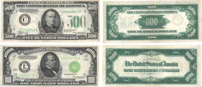 Лот №336,  США. Лот из 2-х банкнот. Банкноты Федерального резерва выпуска 1934 года. 500 и 1000 долларов.