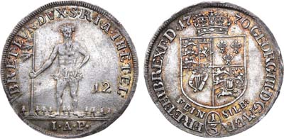 Лот №111,  Священная Римская Империя. Герцогство Брауншвейг-Люнебург-Ганновер. Курфюрст Георг III Британский. 1/3 талера (12 мариенгрошей) 1770 года. (I•A•P•).
