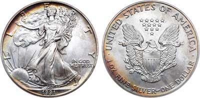 Лот №125,  США. 1 доллар 1991 года. Американский серебряный орёл (Liberty). Шагающая свобода.