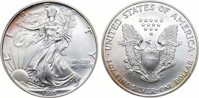 Лот №126,  США. 1 доллар 1995 года. Американский серебряный орёл (Liberty). Шагающая свобода.