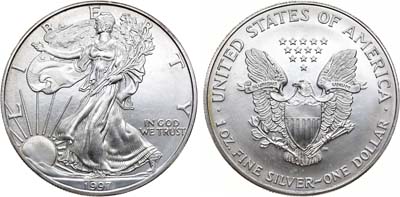 Лот №128,  США. 1 доллар 1997 года. Американский серебряный орёл (Liberty). Шагающая свобода.