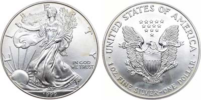 Лот №130,  США. 1 доллар 1999 года. Американский серебряный орёл (Liberty). Шагающая свобода.