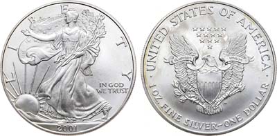 Лот №132,  США. 1 доллар 2001 года. Американский серебряный орёл (Liberty). Шагающая свобода.