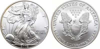 Лот №133,  США. 1 доллар 2002 года. Американский серебряный орёл (Liberty). Шагающая свобода.