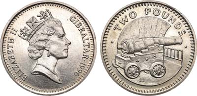 Лот №45,  Гибралтар. Британские территории. Королева Елизавета II. 2 фунта 1990 года. Пушка.