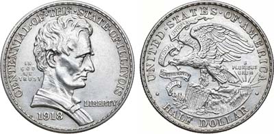 Лот №110,  США. 1/2 доллара (50 центов) 1918 года. В память 100-летия штата Иллинойс. Авраам Линкольн.