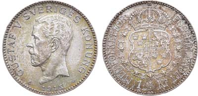 Лот №147,  Королевство Швеция. Король Густав V. 1 крона 1915 года.