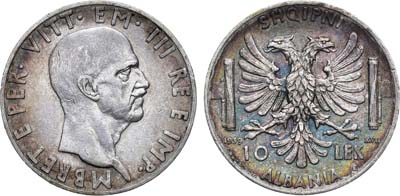 Лот №26,  Албания. Итальянская оккупация. Король Италии Виктор Эммануил III. 10 лек 1939 года.
