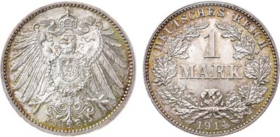 Лот №44,  Германская Империя. Император Вильгельм II. 1 марка 1914 года. В слабе ННР MS 66.