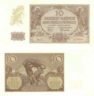 Лот №272,  Польша. Эмиссионный банк Польши. Оккупация Германией. 10 злотых 1940 года.