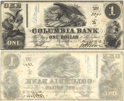 Лот №274,  США. Колумбия банк. Вашингтон ДСи. 1 доллар 1852 года.